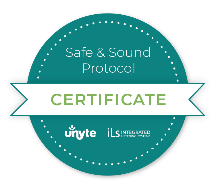 A round, green, badge logo with the words "Safe & Sound Protocol, Certificate" on it.