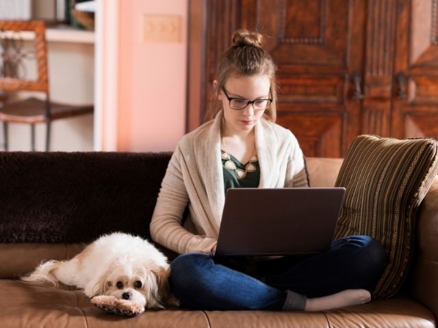 Person sitting on a brown couch next to a small, white dog. They are looking at a computer in their lap.