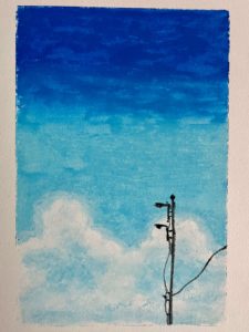 Painting of a soft blue sky with an utility pole in the foreground.