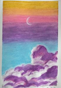 Painting of fluffy purple clouds rested upon an orangey-pink sunset.
