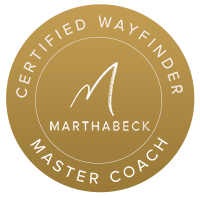 Golden circle with the words "Certified Wayfinder" written on a curve at the top, "Master Coach" written on a curve at the bottom, and "Marthabeck" written in the middle with a M above it.