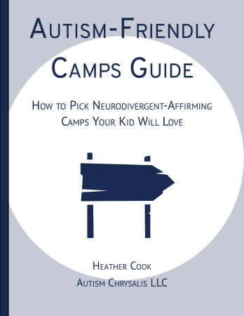 Gray and dark blue book cover that reads "Autism-Friendly Camps Guide" in a white circle with a dark blue wooden sign pointing to the right.