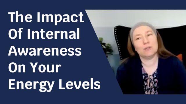 Blue background with pale skinned woman. Text next to her reads: "The Impact of Internal Awareness On Your Energy Levels"