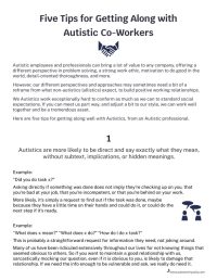 Page of text entitled, "Tips for Getting Along with Autistic Co-Workers"