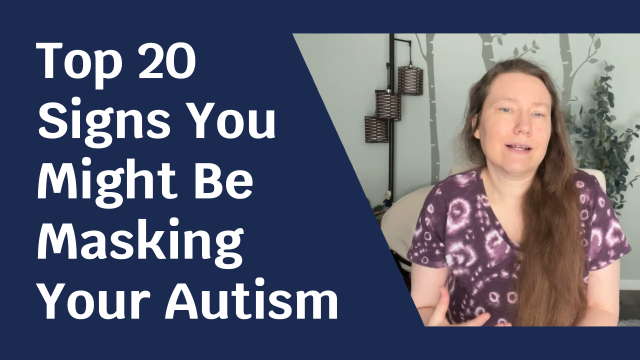 Blue background with pale skinned woman. Text next to her reads: "Top 20 Signs You Might Be Masking Your Autism"
