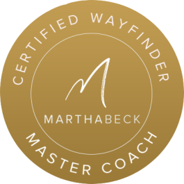 Golden circle with the words "Certified Wayfinder" written on a curve at the top, "Master Coach" written on a curve at the bottom, and "Marthabeck" written in the middle with a M above it.