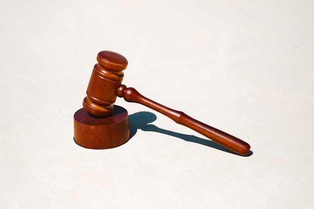 A wooden gavel rested on its block.